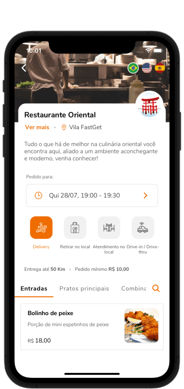 Veja os produtos através do cardápio digital, peça, pague, e acompanhe o andamento do pedido pelo aplicativo